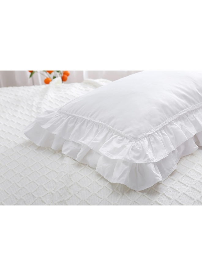 Meaning4 2-Pack Bright White Pillow Shams Pillowcases with Lace and Ruffles Cotton Queen Size 20"X30" Shabby Chic - Image 2